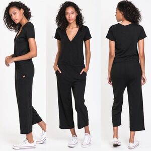 Tentree Blakely Short Sleeve Knit Jumpsuit Black Womens Size XL Wide‎ Leg Casual